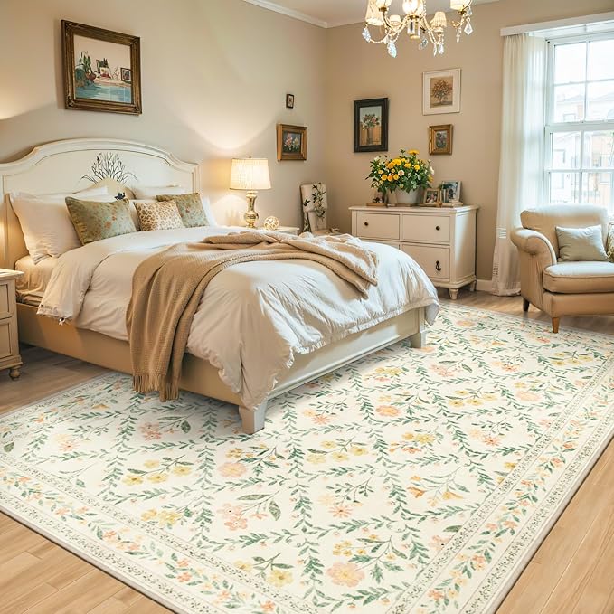 Area Rug Living Room Rugs: Floral 5x7 Washable Rug Vintage Soft Boho Non-Slip Carpet Indoor Stain Resistant Large Carpets for Bedroom Dining Room Farmhouse Nursery Hallway Home Office Beige/Multi