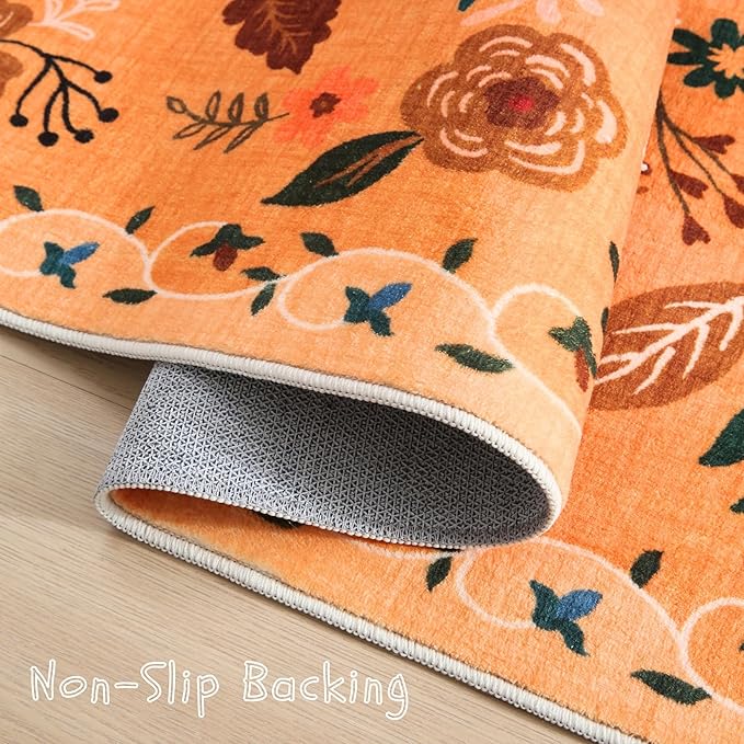 Rugcomf Area Rug 4x6 Rug Washable Boho Rugs Non Slip Low Pile Floral Small Carpet for Bedroom, Bedside, Kids Room, Office, Dining Room(Yellow)