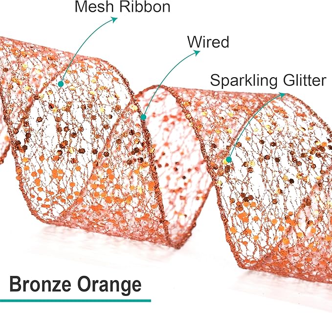 CT CRAFT LLC Sparkling Glitter Mesh Wired Ribbon 6" x 10 Yards Bronze Orange for Christmas Home Decor Bow Gift Wrapping DIY Crafts Wreath