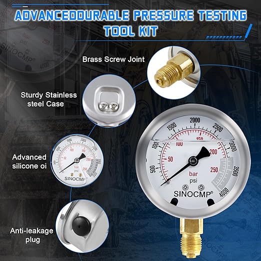 SINOCMP Hydraulic Pressure Gauge Test Kit with 3 Gauges 25/40/60MPa, 16 Straight Connectors, 3 Tee Connectors, 3 Test Hoses 64.5IN, Construction Machinery Excavator Hydraulic Tester Kit