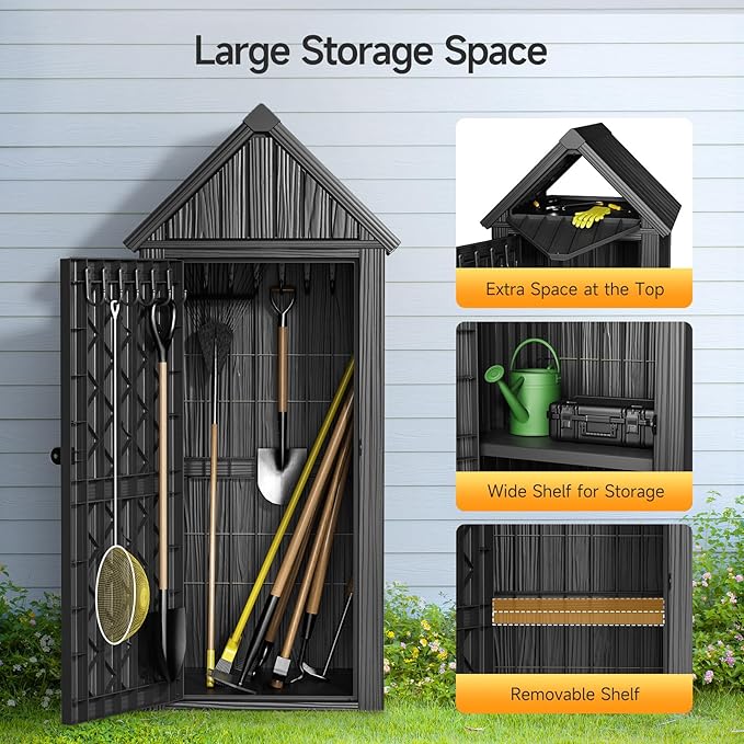 ONBRILL Multifunctional Storage Shed, Outdoor Storage Cabinet with Hooks and Lock Ring, Waterproof Outdoor Storage Shed for All Weather, Tool Outdoor Shed for Patio Lawn and Garden