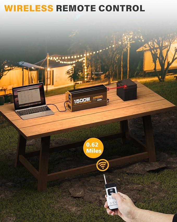1500W Pure Sine Wave Power Inverter DC 12V to AC 110V 120V Converter with 2 AC Outlets, QC3.0 18W USB-A, PD30W USB-C Port Car Inverter with LCD Display and Remote Control for Truck RV Home