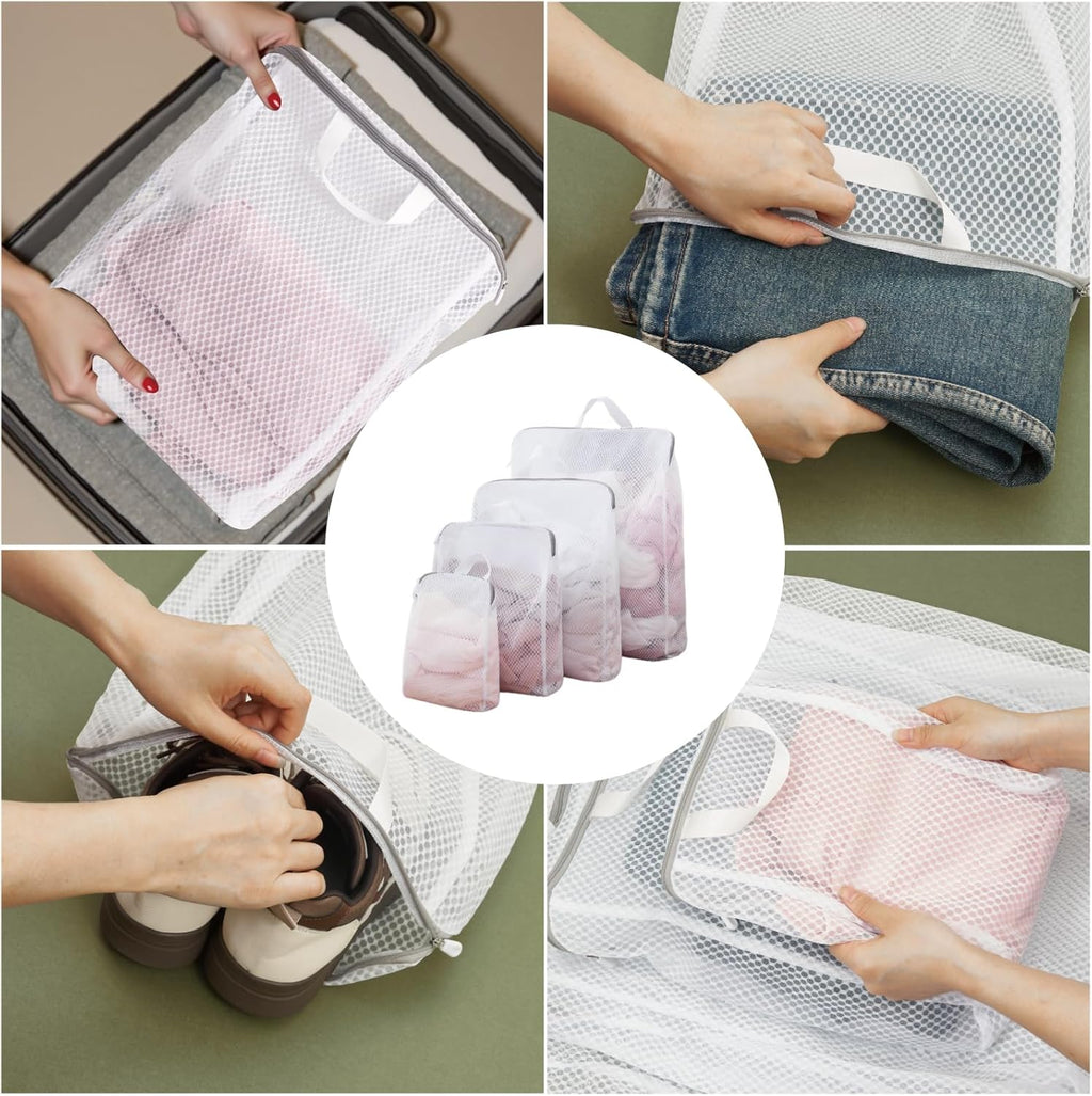 GWT 4Pcs 3D Mesh Laundry Bags with Hanging Handles (S/M/L/XL) - Durable Zippered Wash Bags for Delicates, Shoes & Bulk Clothes - Space-Saving Foldable Design