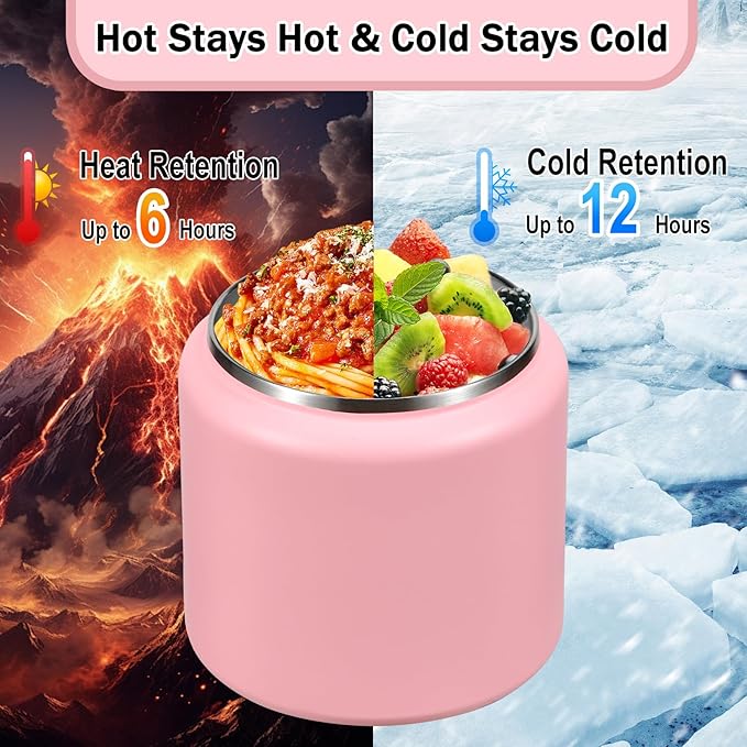 26oz Kids Thermos for Hot Food, Insulated Vacuum Food Jar with Buckle Lid, Stainless Steel Wide Mouth Leak Proof Insulated Lunch Container for School Picnic Travel, Pink