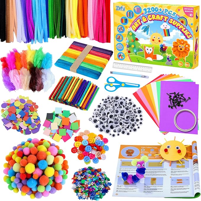 Zefy 3200+ Pcs Arts and Crafts Supplies for Kids, All in One Craft Kits with 12 Crafts Design, DIY School Supplies Kit Craft Box for Girls Boys Ages 4-12