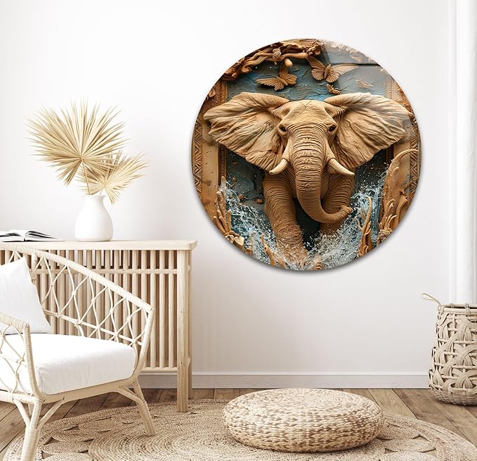 My Photostation.com Round 31,5'' Elephant Carving Glass Wall Art Tempered Glass Printing Wall Decor Large Wall Art Wall Hangings