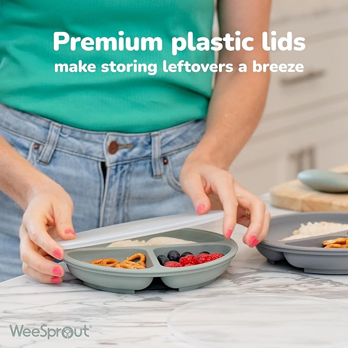 WeeSprout Suction Plates with Lids for Babies & Toddlers - 100% Silicone, Dinnerware Stays Put, Divided Design for Picky Eaters, Microwave & Dishwasher Friendly, 3 Pack