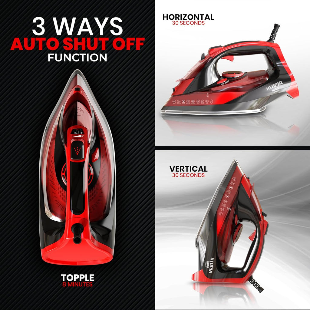 Utopia Home Steam Iron for Clothes - Non-Stick Soleplate - 1800W Clothes Iron With Auto-Off Safety Feature - Adjustable Thermostat Control, Variable Steam Control, Self-Clean, 8 Feet Cord (Black/Red)