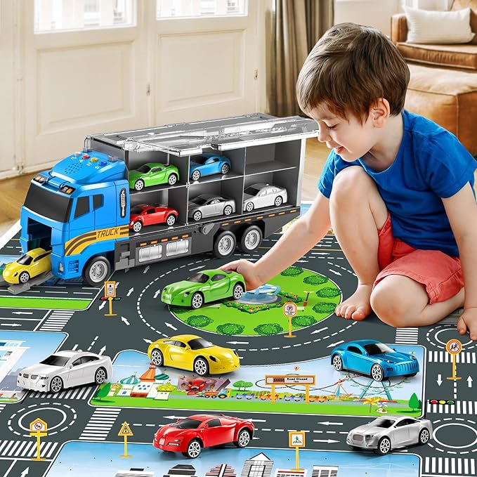 Toddler Boys Toys for 3 4 5 6 Years Old, Truck Vehicle Set with Play Mat and Die-Cast Toy Car, Transport Carrier Truck for Kids, Birthday Gifts Toys for 3 4 5 6 7 8+ Year Old Boys