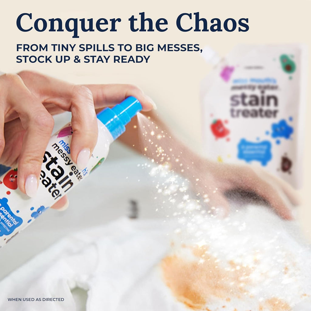 Miss Mouth’s Messy Eater Stain Treater Refill Ready Kit - 2 Pack Stain Remover Spray and 16oz Refill Pouch - Newborn & Baby Essentials - Food, Grease, Coffee Off Laundry, Underwear, Fabric