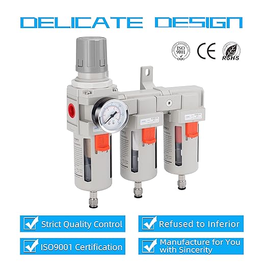 NANPU Three Stage Air Drying System - 5 Micron Particulate Filter, 0.5＆0.01 Micron Coalescing Filters, Air Pressure Regulator Combo - 0-150 psi Gauge, Semi-Auto Drain, Metal Bracket（3/8" NPT）
