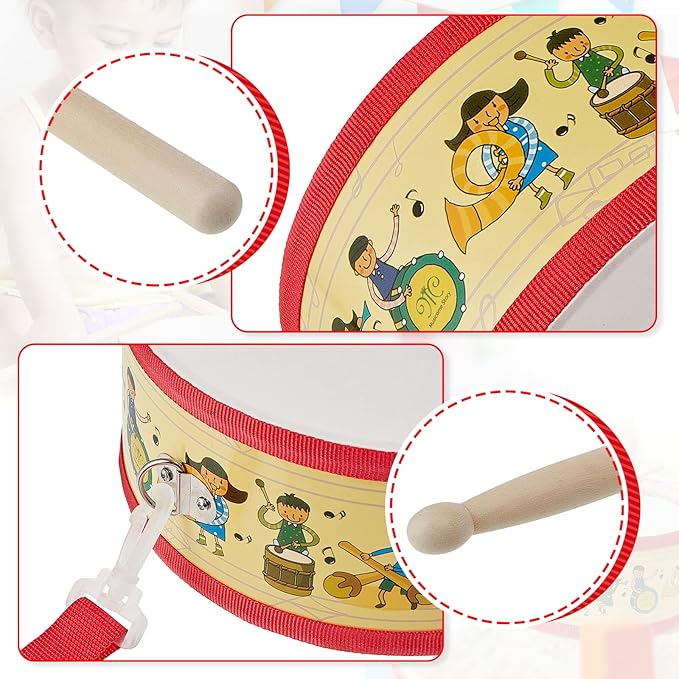 Kids Drum Set 8 Inch Wooden Toy Drum with Adjustable Strap 2 Drumsticks Educational Sensory Musical Instrument Toy Set for Toddlers Kid Baby Boys Girls Gift(Kids Style)