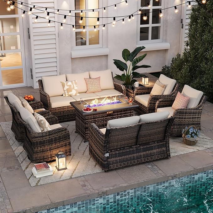MEISSALIVVE Outdoor Patio Furniture Set with 43" Fire Pit Table, 9 Pieces Wicker Patio Conversation Set with Swivel Chairs, Outdoor Patio Set for Lawn Backyard Porch (Brown)