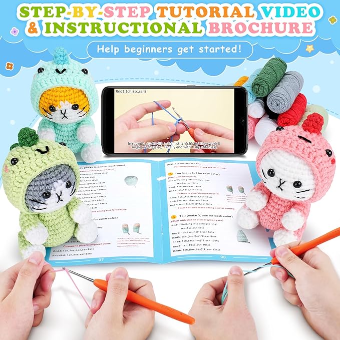 Crochet Kit for Beginners - 3 PCS Dinosaur Cat Crochet Kits with Step-by-Step Video Tutorials, Beginner Crochet Kit for Adults Kid, Crochet Animal Kit for Starters, Cat Dressed as Dinosaur Crochet Set