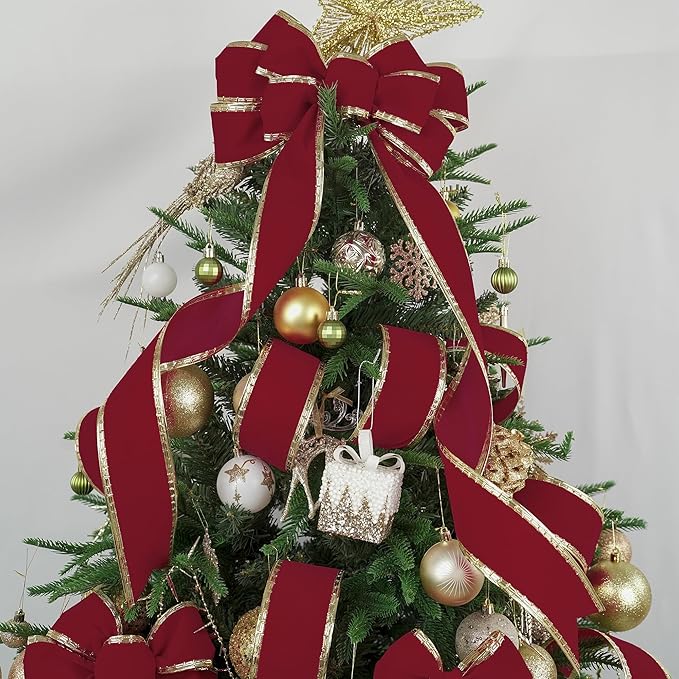 MEEDEE Burgundy Velvet 2.5 Inch Dark Red Christmas Ribbon 10 Yards Wired with Gold Greek Key Edge for Tree Decoration