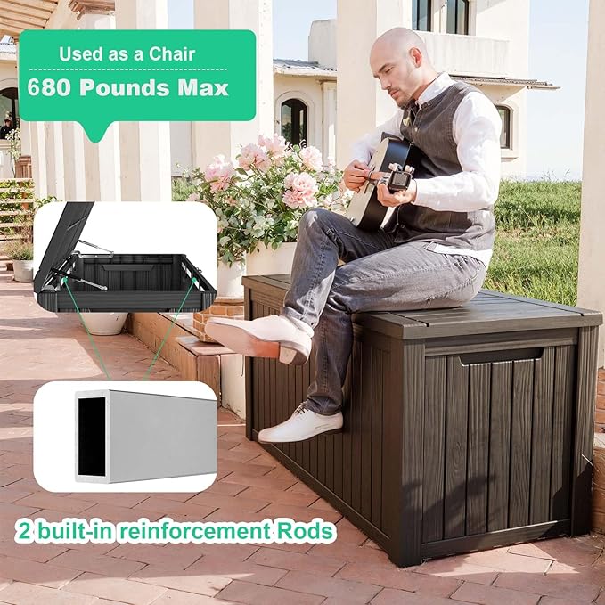 180 Gallon Outdoor Deck Box,Storage Lockable Waterproof Patio Furniture,Garden Tools,Cushions,Pool Accessories Outside Storage Resin Box(Black)