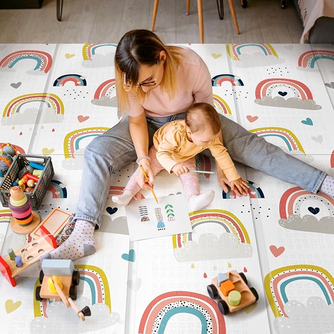 79 x 71 Baby Play Mats for Floor, Foldable Foam Play Mat for Babies 0-12 months,Thick & Waterproof Playmate for Baby, Non Toxic Baby Tummy Time Activity Playmat, Reversible Playpen Mat for Infant Toddlers