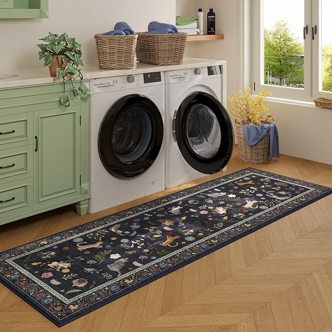 Rugcomf Runner Rug for Kitchen Non Slip 2'6''x8' Washable Rugs with Rubber Backing Soft Floral Animal Cat Carpet Runner for Kitchen Laundry Bedroom Bathroom, Cobalt Blue