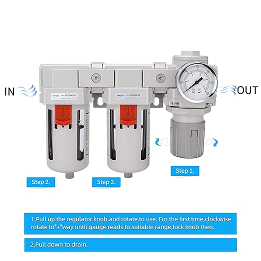 NANPU 3/8" NPT Air Drying System - 5 Micron Particulate Filter, 0.01 Micron Coalescing Filter, Air Pressure Regulator Combo - Semi-Auto Drain, Poly Bowl w/Metal Gauge