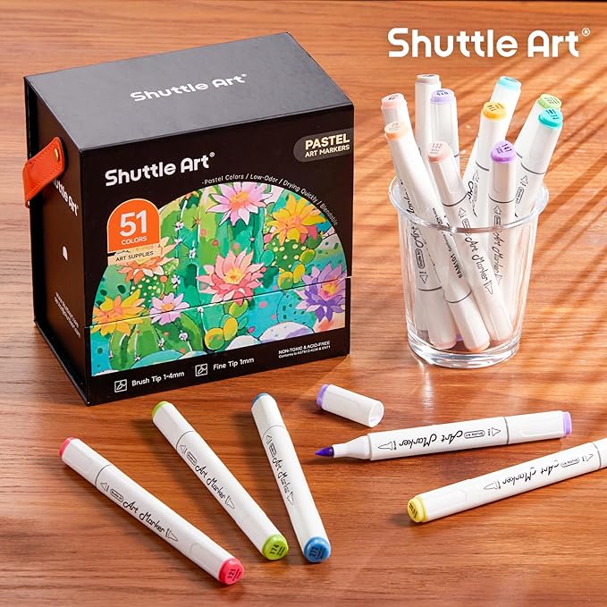 Shuttle Art Pastel Alcohol Markers Brush tip, Dual Tip Brush & Fine Tip Art Marker Set, 50 Colors plus 1 Blender Marker Pens with Case Perfect for Illustration Kids Students Adults Coloring Sketching