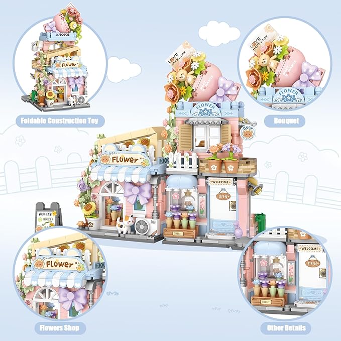 Street View Flower House Shop Mini Building Blocks, MOC Creative Building Toys Cute Panda Building Set for Girls 6-12, Simulation Architecture Construction Toy, Gift Idea for Kids Adults (854 PCS)