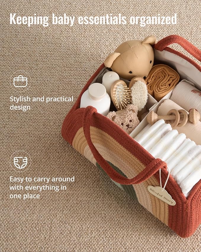 Blissful Diary Baby Diaper Caddy Organizer, Cotton Rope Diaper Caddy Basket, Large Storage Basket, Gift for Baby Shower, Newborn Essentials, Rustic Rainbow