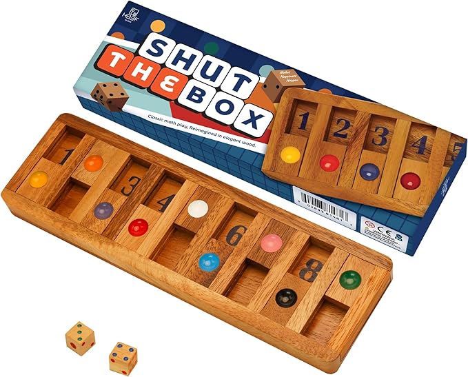 BSIRI Shut The Box Board Games with Math Kids Player Wooden Box of Brain Teaser Puzzles for Family Educational and Get Fun on Game to Teach Kids to Count on Math