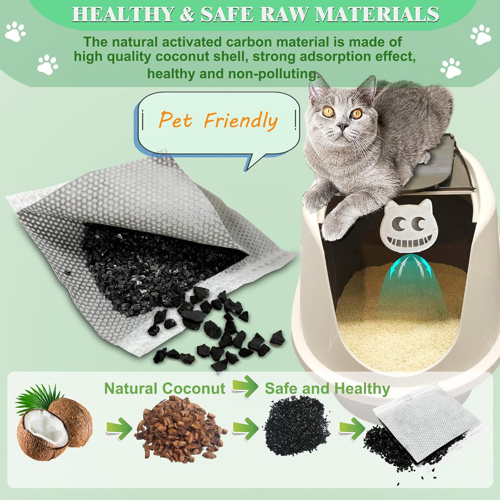 Unscented Cat Litter Box Deodorizer Kit Stick-On Activated Carbon Odor Eliminators Compatible with most manual and automatic litter boxes (4 Refills+ 1 Box) (White, Unscented)