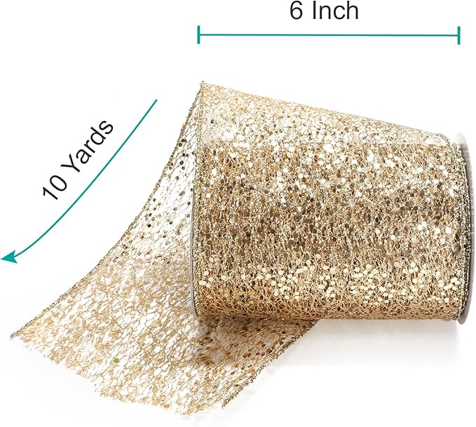 CT CRAFT LLC Sparkling Glitter Mesh Wired Ribbon 6" x 10 Yards Champagne Gold for Christmas Home Decor Bow Gift Wrapping DIY Crafts Wreath