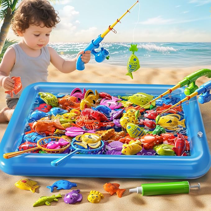 Magnetic Fishing Game Pool Toys Set for Kids 3-5, Water Table Bathtub Toys with Inflatable Pool Pole Rod Net Plastic Floating Fish, Outdoor Toys for Kids Boys Girls Age 3 4 5 6 7 8 Year Old