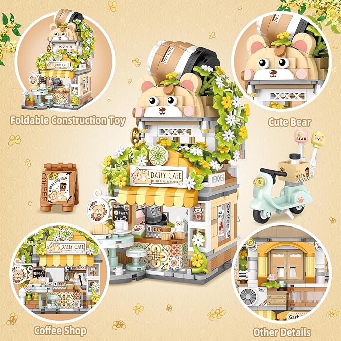 Street View Coffee Shop Mini Building Blocks, MOC Creative Building Toys Cute Animals Building Set for Girls 6-12, Simulation Architecture Construction Toy, Gift Idea for Kids Adults (1077 PCS)