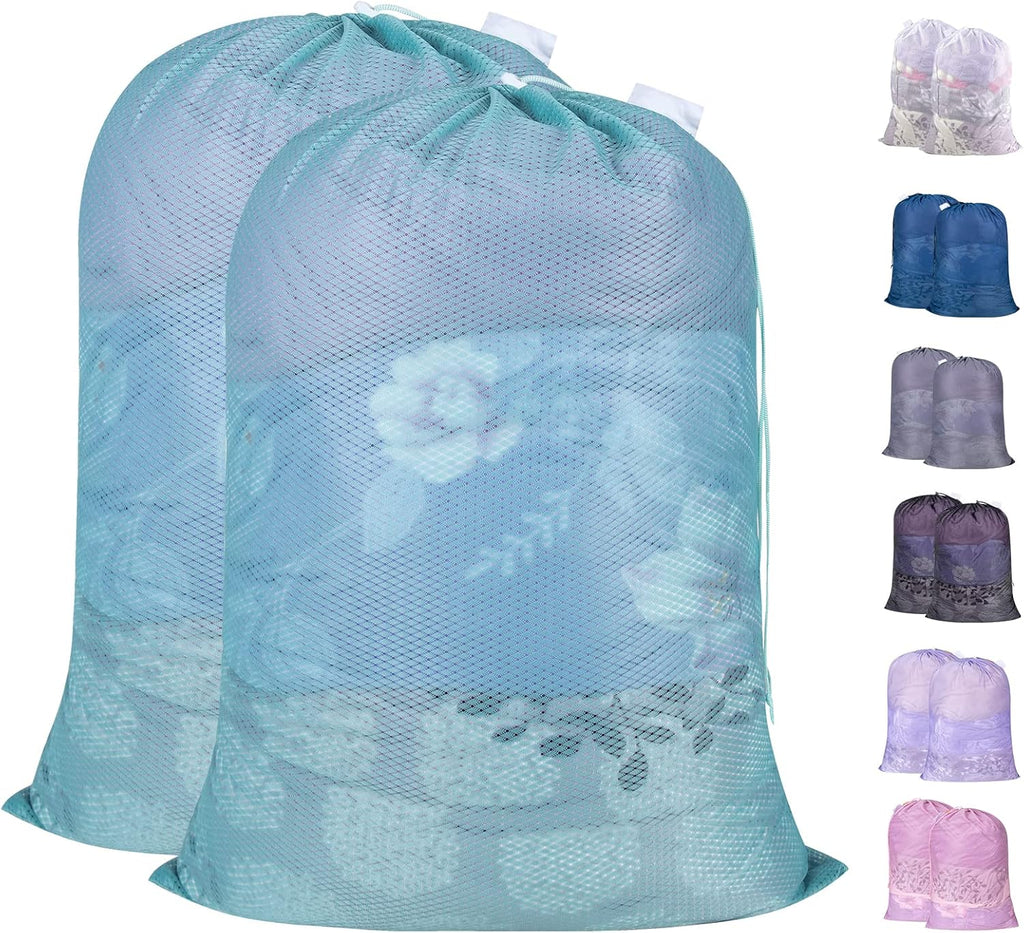 Polecasa Heavy Duty Large Mesh Laundry Bags with ID Tag and Locking Drawstring Closure - 2 Pack, 24 x 36 inches - Laundry Hamper Liner, Washable Laundry Bag for Travel, Sports, Dorms (Aqua)