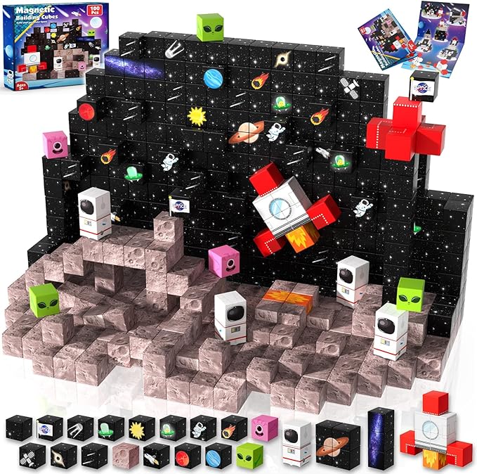 Goody King 100PCS Space Rocket Magnetic Building Blocks |Space Adventure Magnetic Tile Set, STEM Montessori Stacking Toy, Building Playsets for Boys and Girls Ages 3-10,Sensory Tile Christmas