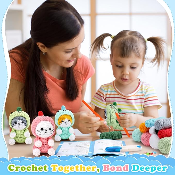 Crochet Kit for Beginners - 3 PCS Dinosaur Cat Crochet Kits with Step-by-Step Video Tutorials, Beginner Crochet Kit for Adults Kid, Crochet Animal Kit for Starters, Cat Dressed as Dinosaur Crochet Set