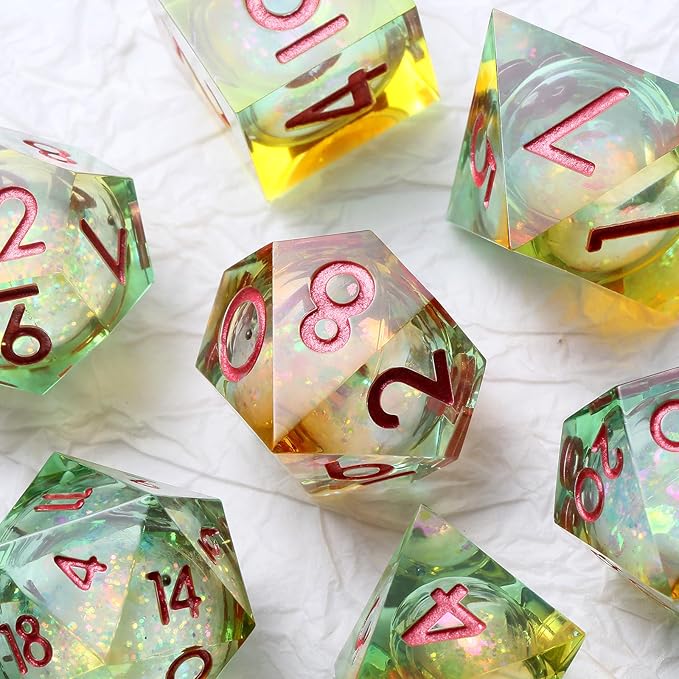Glitter Liquid Core Sharp D&D Dice, DNDND Handmade Resin Sharp Edge DND Dice Set with Dragon Metal Gift Case for Dungeons and Dragon Tabletop Games (Liquid Yellow and Green)