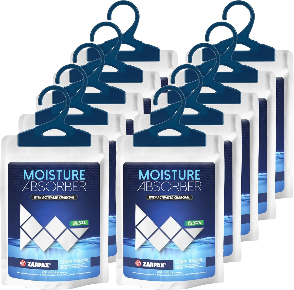 Moisture Absorber Sachets Activated Charcoal 7.5 oz/212g - Remove Excess Moisture In Air & Odor - Desiccant Dehumidifier for Closet, Drawer, Storage - Dampness & Humidity Control - Set of 10