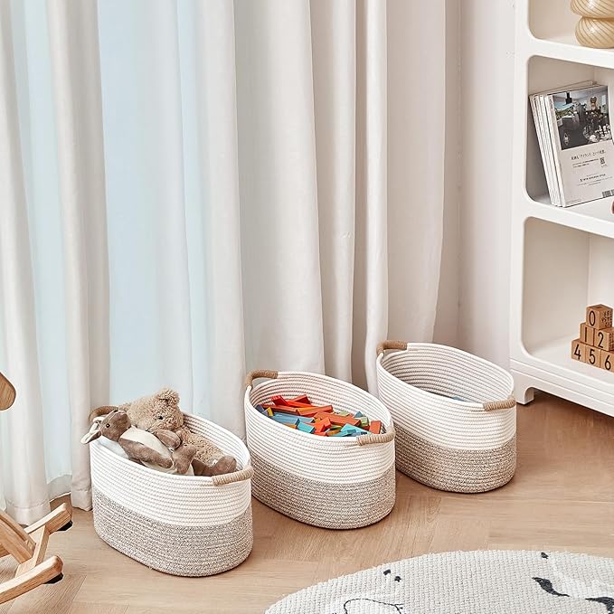 Storage Baskets for Organizing | 15"x10.2"x9.1" - 1 Pack Nursery Bin with Handles - Woven Cotton Rope Baskets for Dog Toys, Books, Shelf, Bathroom,Closet -Stylish Storage | White & Beige
