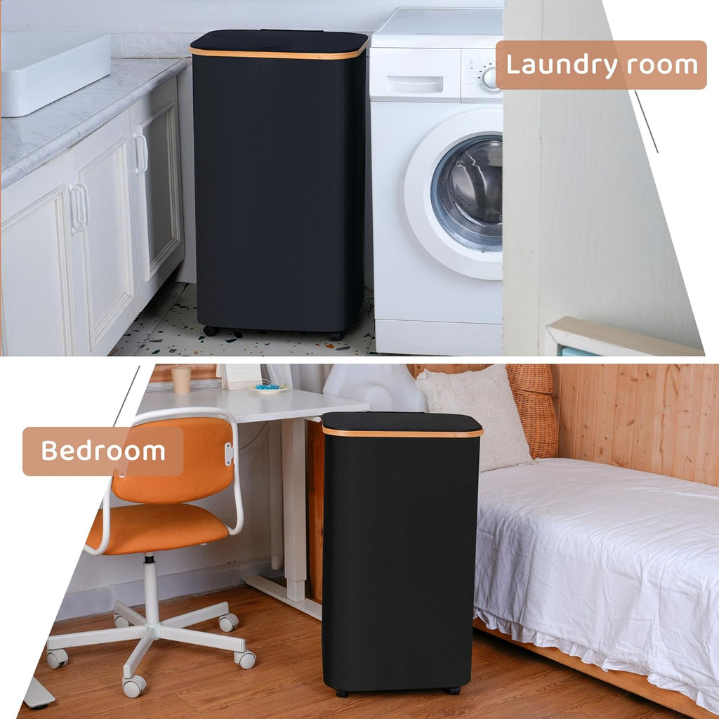 Laundry Basket with Wheels,100L Hampers for Laundry,Black Large Laundry Hamper with Lid and Bamboo Handles,Collapsible & Waterproof Tall Cloth Hamper for Dormitory Family