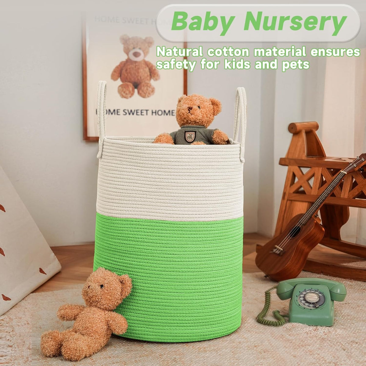 Large Woven Laundry Basket Hamper,60L Cotton Rope Storage Bin for Blankets,Toys and Clothes,Decorative Tall Nursery Hamper for Living Room,Baby Nursery,Bathroom and Bedroom,Light Green