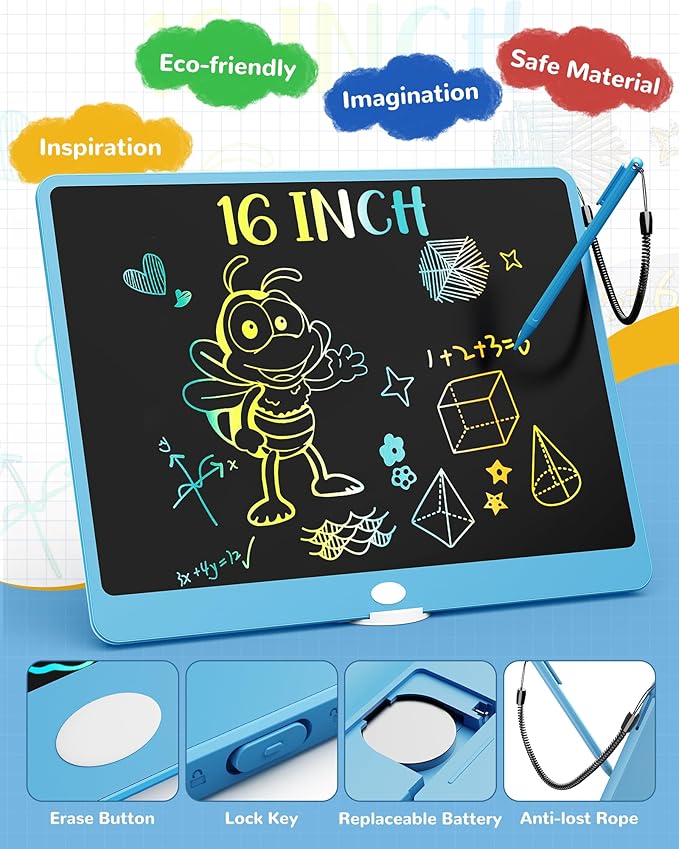 KOKODI LCD Writing Tablet, 16 Inch Colorful Doodle Board Drawing Tablet, Erasable Reusable Electronic Drawing Pads, Educational and Learning Toy for 3-6 Years Old Boy and Girls