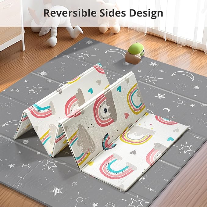 79 x 71 Baby Play Mats for Floor, Foldable Foam Play Mat for Babies 0-12 months,Thick & Waterproof Playmate for Baby, Non Toxic Baby Tummy Time Activity Playmat, Reversible Playpen Mat for Infant Toddlers