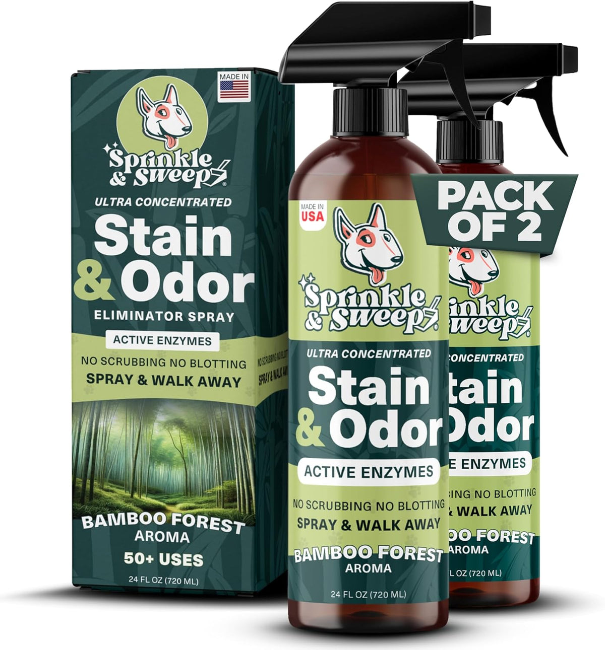 Sprinkle & Sweep Pet Stain and Odor Remover - Super Concentrated Pet Odor Eliminator - No Scrubbing Dog & Cat Urine Enzyme Cleaner Destroyer - Carpet Cleaner for Multiple Surfaces (24 oz Pack of 2)