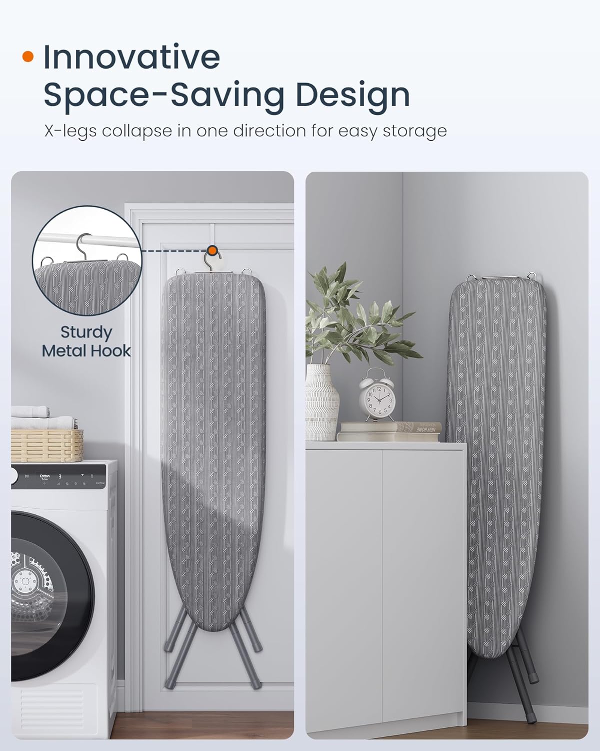 SONGMICS Ironing Board, Foldable Iron Board, Height Adjustable up to 35 Inches, with 4 Layered Cover and Pad, Iron Rest, Hook, Steel X-Legs, for Home, Laundry Room, Dorm, Dove Gray ULLB001G01