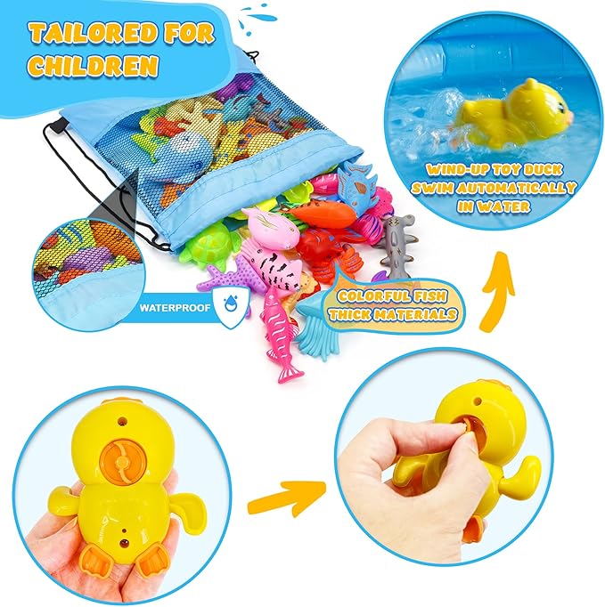 Kiditos 60PCS Magnetic Fishing Bath Game Set, Swimming Fish for Bathtub, Water Table Toys for Toddlers Kids Age 3-6, Pool Toys for Pretend Play, Education Teaching & Learning Colors