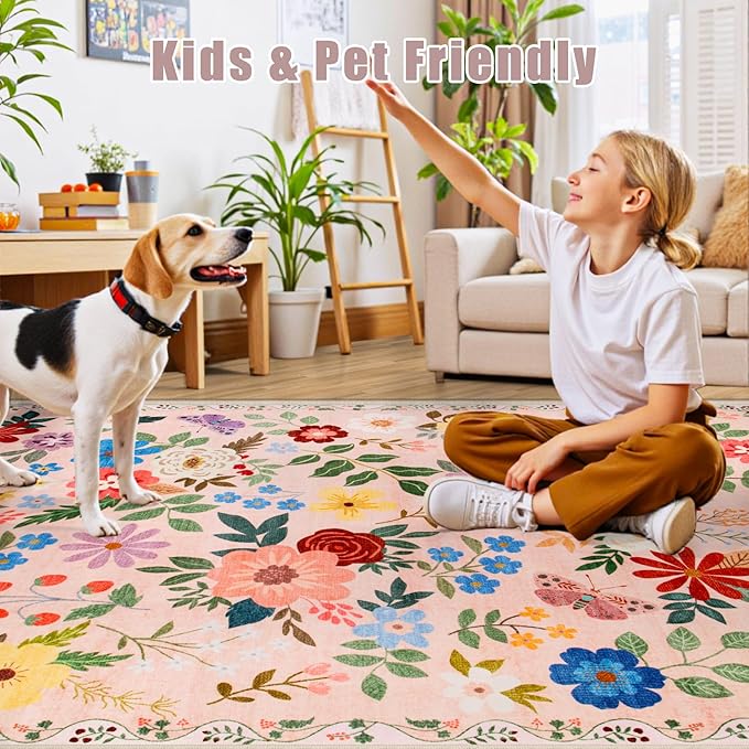 10x12 Area Rugs for Living Room: Floral Washable Rug Vintage Large Soft Boho Non-Slip Carpet Stain Resistant Low Pile Carpets for Bedroom Dining Room Farmhouse Nursery Hallway Home Office Beige