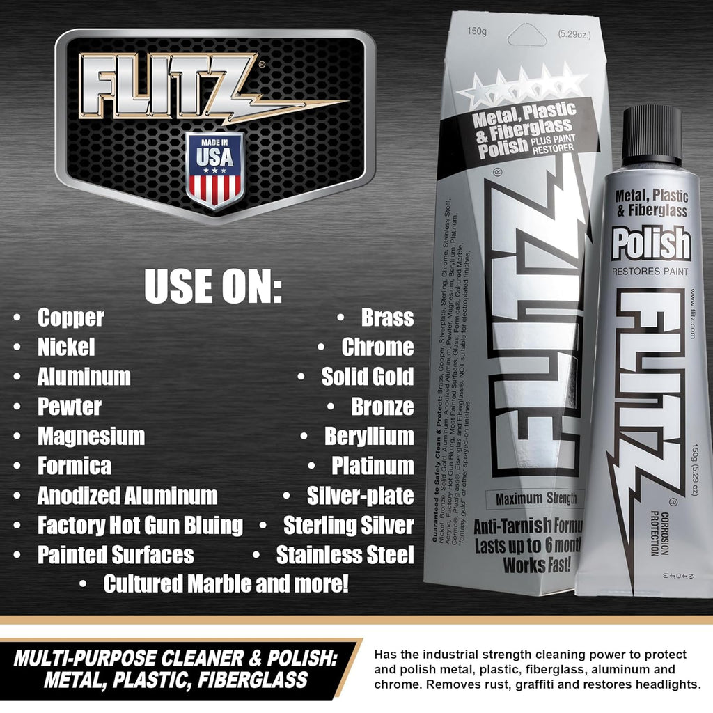Flitz Multi-Purpose Metal Polish Paste - 5.29oz Tube of USA-Made Chrome Polish - Works on Stainless Steel, Aluminum, Plastic, Jewelry and Cars - Non-Abrasive Cleaner & Rust Remover (1 Pack)