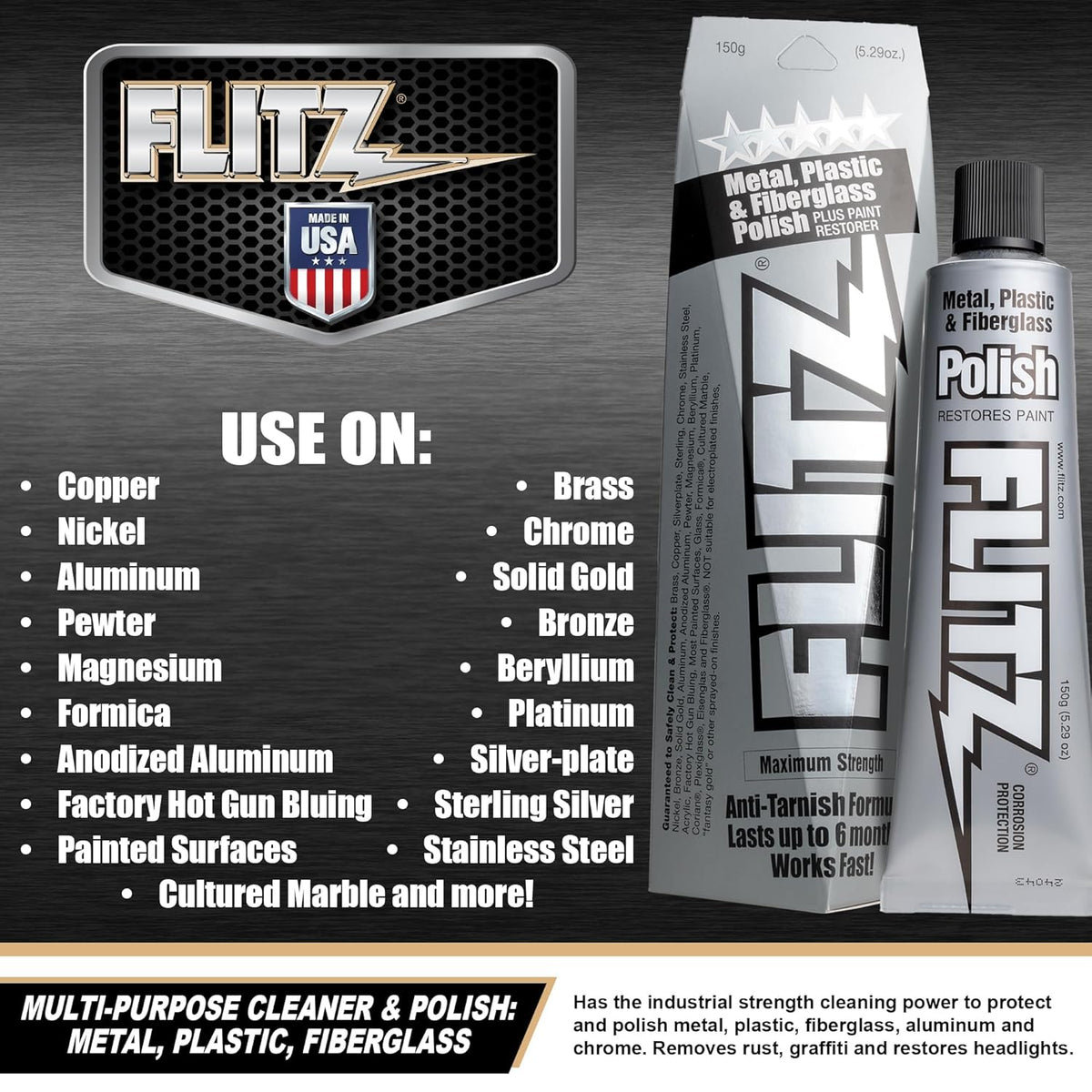 Flitz Multi-Purpose Metal Polish Paste - 5.29oz Tube of USA-Made Chrome Polish - Works on Stainless Steel, Aluminum, Plastic, Jewelry and Cars - Non-Abrasive Cleaner & Rust Remover (1 Pack)