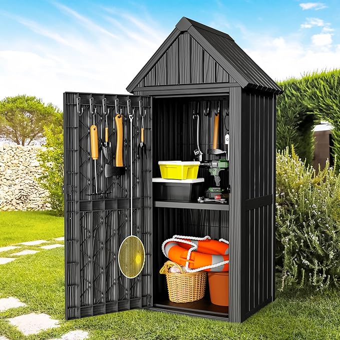 ONBRILL Multifunctional Storage Shed, Outdoor Storage Cabinet with Hooks and Lock Ring, Waterproof Outdoor Storage Shed for All Weather, Tool Outdoor Shed for Patio Lawn and Garden
