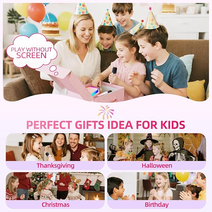 Kinglucky Mini Karaoke Machine for Kids, 2025 TOP Birthday Gifts Ideas for 3-12 Year Old Girls, Christmas Party Gifts Kids' Personal Video Players Accessories with Wireless Microphone - Pink