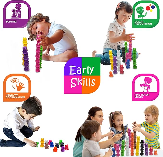 Skoolzy Stackable Counting Bears Color Sorting Toys for Toddlers 100 pc - Montessori Toddler Sorting Toys, Sorting Games, Teaching Counting Toys for Toddlers 3+, Manipulatives for Preschoolers
